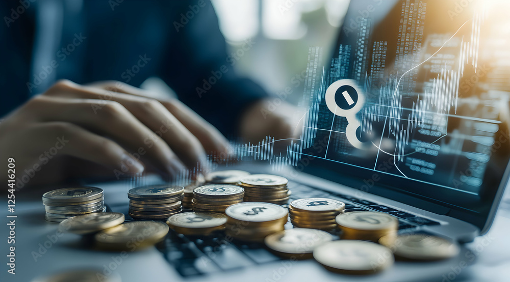 Poster analyzing investment trends, laptop displaying financial charts with coins, showcasing data driven i