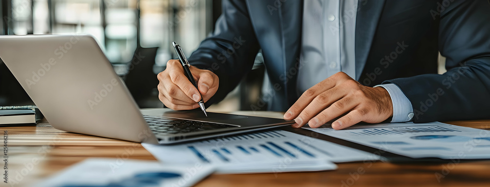 Poster professional insights, close-up of a businessman analyzing charts and graphs, using a laptop while s
