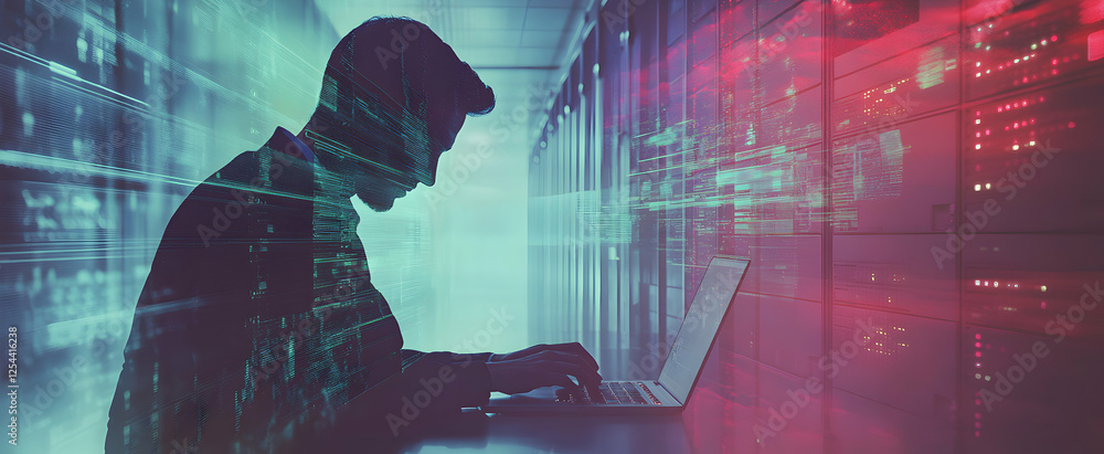 Poster cybersecurity analyst working in a server room, safeguarding data and critical infrastructure with d