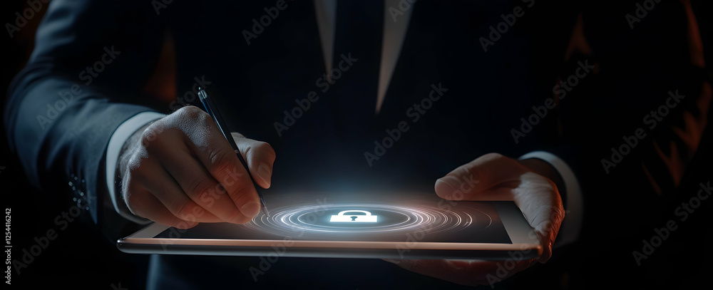 Poster digital signature for secure transaction, businessman signing a secure document on a tablet with a l