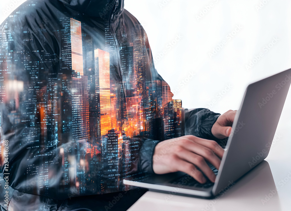 Poster metropolitan coder, silhouette of urban nightlife embedded within a developer typing on a laptop, ev