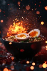 A steaming bowl of spicy ramen topped with soft-boiled eggs, surrounded by fiery sparks and spices