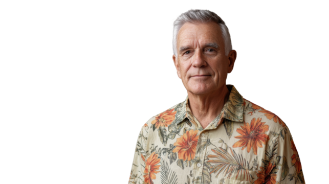 Senior man wearing hawaiian shirt posing on transparent background - Powered by Adobe