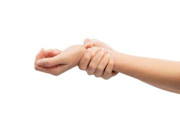 woman hand wrist pain on background.