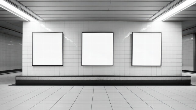 Three sleek blank poster frames mounted on pristine subway wall, creating minimalist and modern aesthetic. clean lines and bright lighting enhance empty space