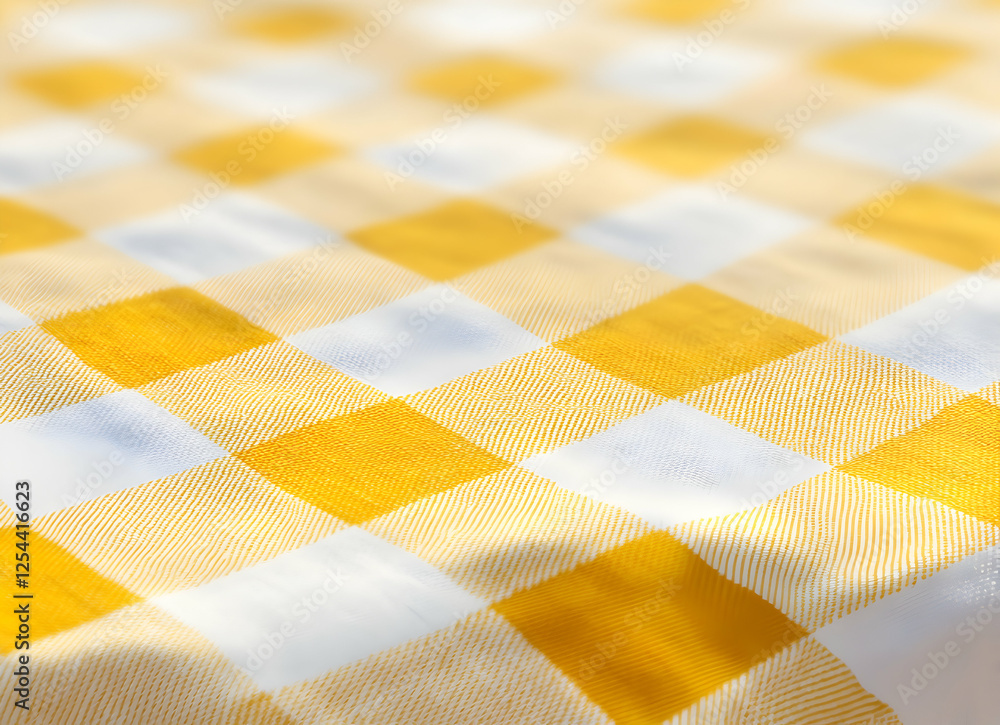 Poster a vibrant yellow and white checkered fabric texture creating a classic and cheerful atmosphere with 