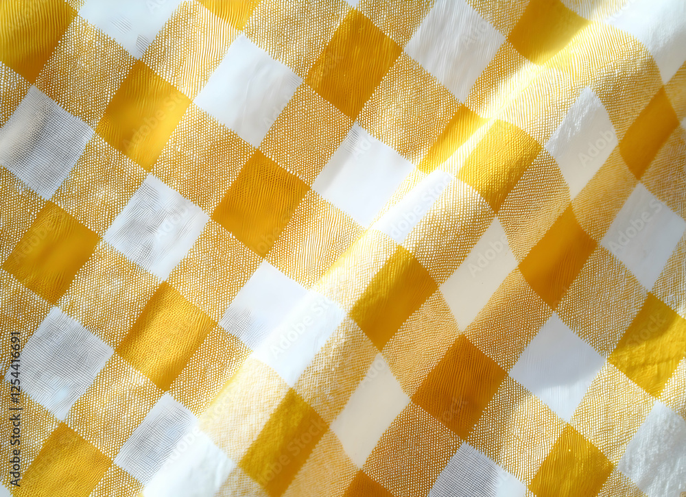Aufkleber cheerful gingham, a yellow and white checkered fabric with subtle texture and soft shadows for a ver