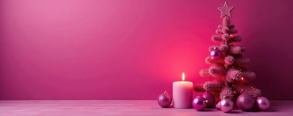 magenta colored wooden Christmas tree with candles and ornaments, christmas tree, festive, decorative