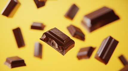 Falling chocolate pieces, yellow background, food photography, advertising