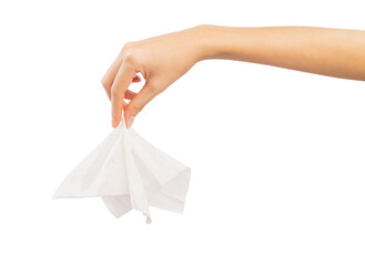 Hand holding or picking white tissue paper on isolated white background.
