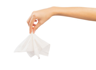 Hand holding or picking white tissue paper on isolated white background.