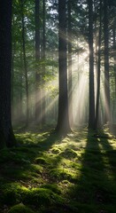 Obraz premium Sunlight Streaming Through Forest Trees Illuminating Mossy Ground and Woodland Scene