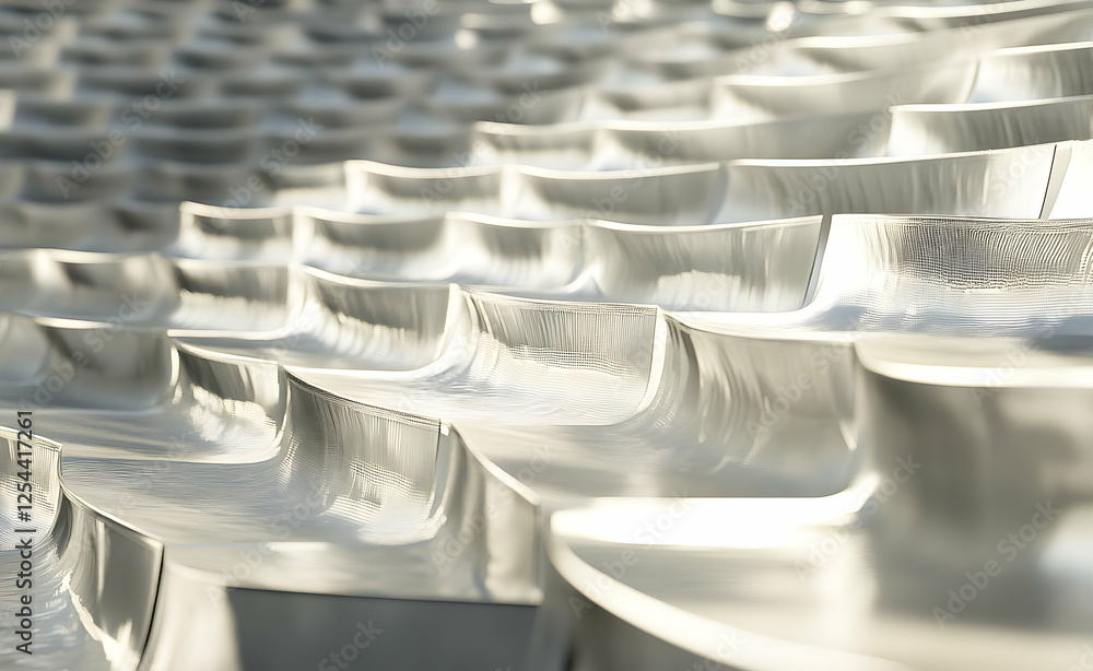 Poster abstract metallic surface with repetitive curved elements illuminated by natural light creating a mo