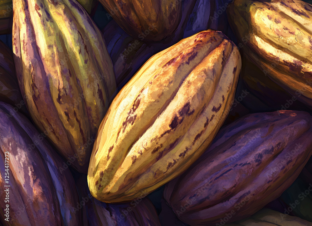 Poster artistic rendering showcasing a collection of ripe cocoa pods, highlighting their textured surfaces 