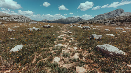Mountain trail, wildflowers, sunny day, scenic background, travel