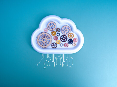 Cloud computing infrastructure technology management, data system storage service workflow insight concept. Many cogwheels and gears in modern white cloud with circuit graphic on blue background.