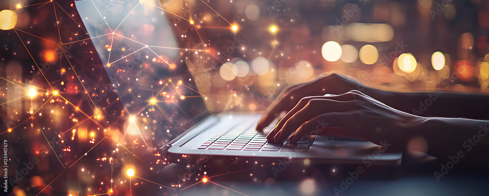 Poster digital connection, a person typing on a laptop with illuminated network lines and blurred city ligh