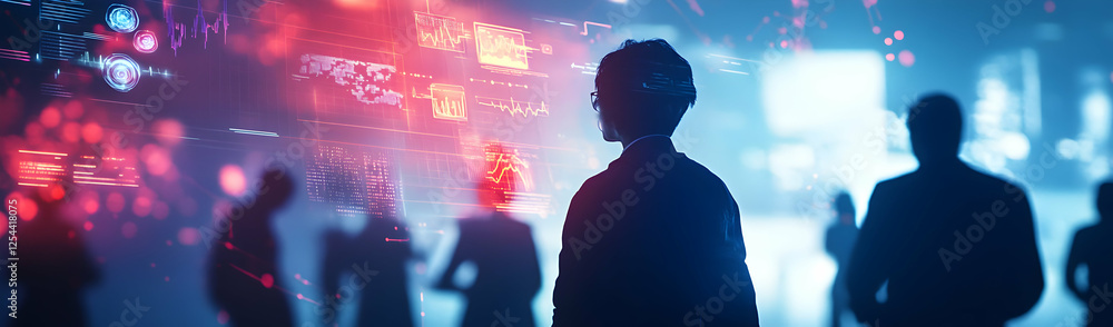 Poster envisioning future technologies, business professionals immersed in dynamic data visualizations, exp