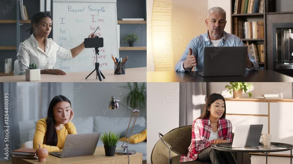 Poster four individuals participate in an online language learning session, each engaging from their unique