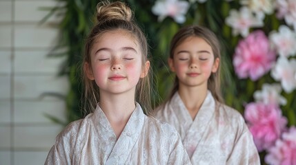 Fototapeta premium Two girls in spa robes meditating, serene floral background, relaxation, potential stock photo for wellness