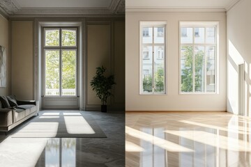 Split view showcasing the transformation from dark, vintage room to bright, modern interior renovation. Generative AI
