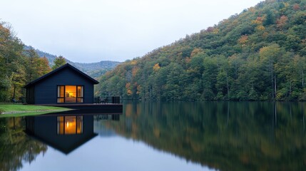 Fototapeta premium Modern Cabin Reflecting on Calm Lake at Dawn