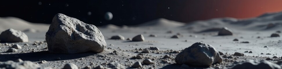Meteorite fragment on lunar surface near a vast, barren plain, asteroids, rocky terrain