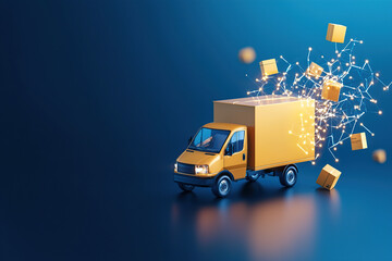 Fototapeta premium yellow delivery truck with digital network connections and packages symbolizes AI powered logistics