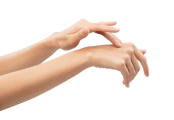 Woman hand applying cosmetic cream on her finger on background.