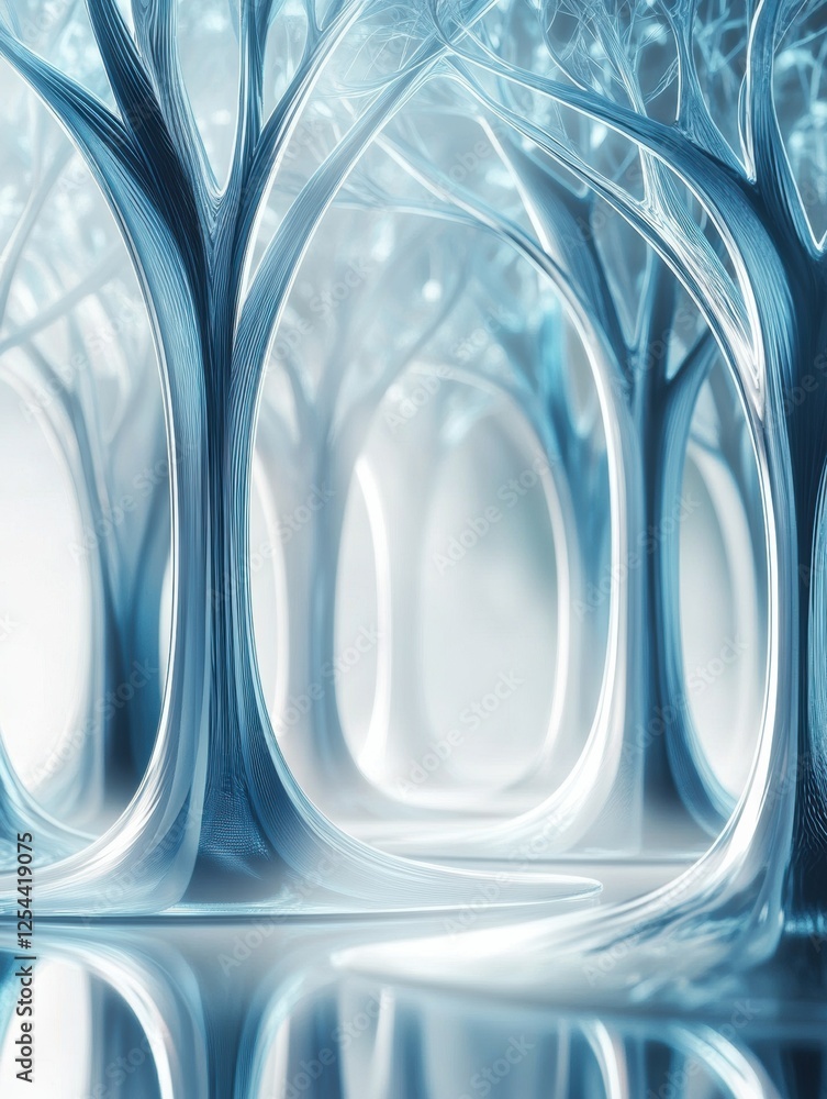 Poster glowing reflections in a glass forest with abstract tree shapes during twilight. generative ai