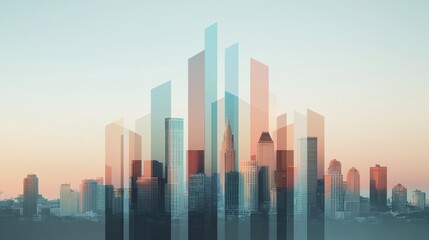 Fototapeta premium Abstract city skyline with layered glass buildings at sunset.