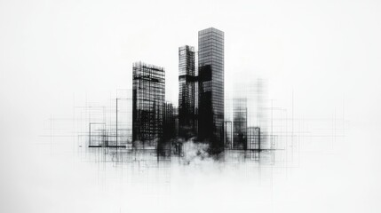 Abstract depiction of urban skyscrapers against a foggy backdrop.