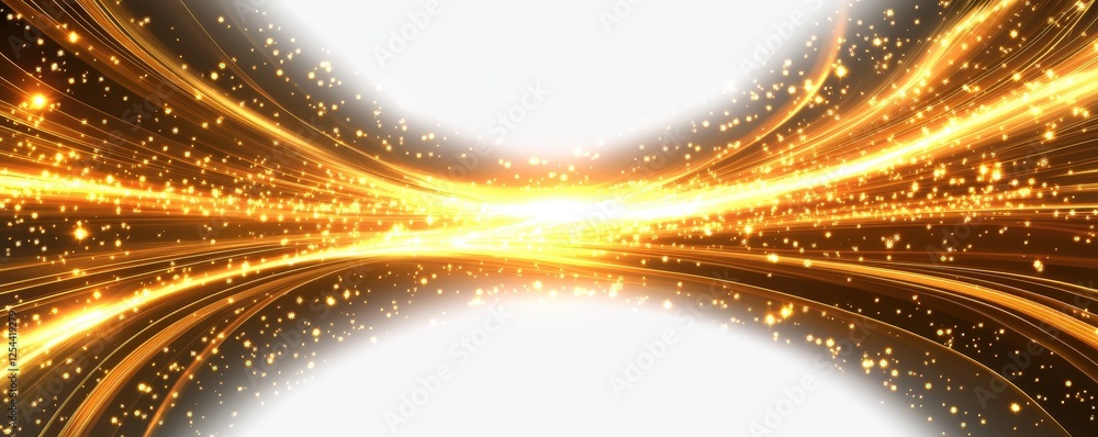 Poster golden rays of light glowing in lines against a pure white background, creating a dynamic and energe