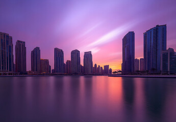 Fototapeta premium Urban twilight tapestry, A captivating panorama of illuminated skyscrapers reflecting in serene waters under a magenta and rose-tinged sky
