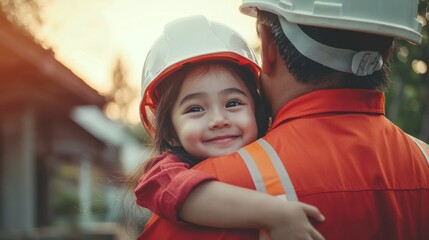 Happy Child Embracing Parent in Safety Gear at Sunset