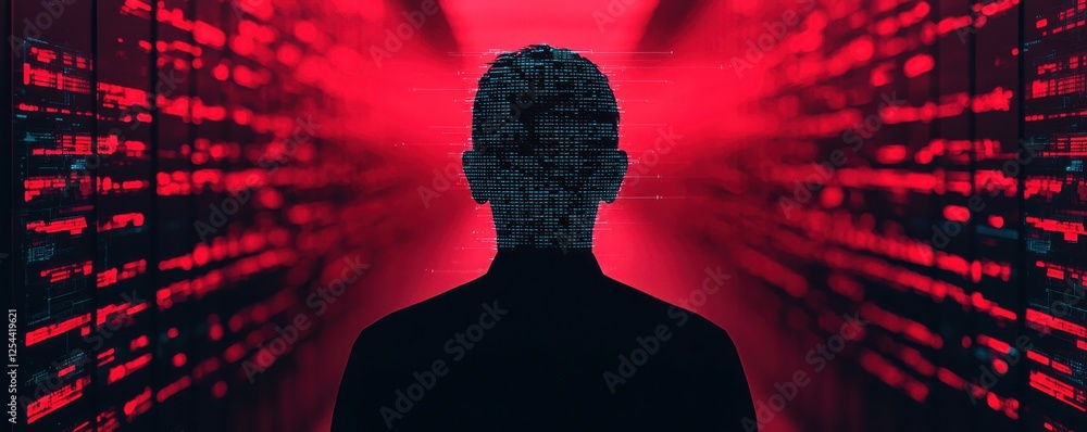 Poster ai figure observing data in a futuristic environment.