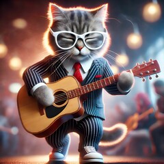 illustration of a cute cat dressed neatly playing guitar. ai-generated image.