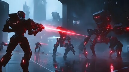 Naklejka premium A thrilling sci-fi battle scene featuring futuristic soldiers and massive mechs engaged in intense combat, shooting lasers at each other in a high-tech environment