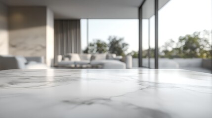 Marble table, modern living room, sunny balcony view, product display