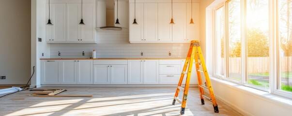 Bright and modern kitchen under construction with a ladder.