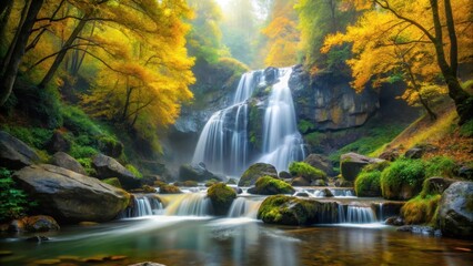 Obraz premium Serene waterfall surrounded by lush yellow and green trees and rocks in a misty atmosphere, nature's beauty, forest landscape