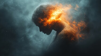 Fototapeta premium Burning Mind: An abstract conceptual image depicting a person consumed by inner turmoil, flames erupting from their head, symbolizing mental anguish and emotional overload. The dark.