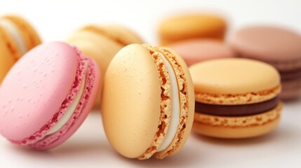 Obraz premium Colorful macarons on white background, sweet treat, close-up shot, food photography