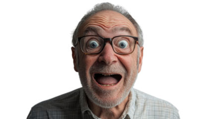 Elderly man with glasses showing excitement and happiness