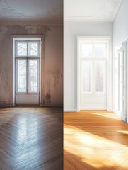 Fototapeta premium Contrast of old dark interiors and bright modern renovations in one room setting. Generative AI