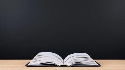 Open Book On Wooden Table Against Black Background