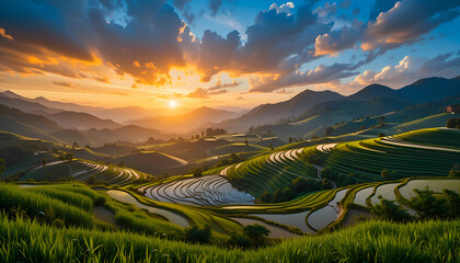beautiful view of terraced rice fields between mountains with sunset light. Ai-generated image.