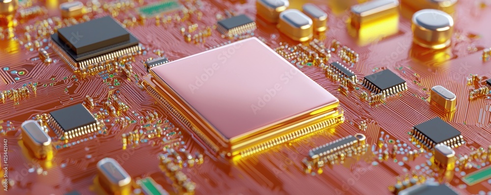 Poster close-up view of a modern circuit board with microchips.