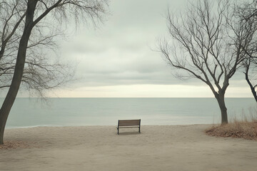 Solitary bench view on a serene coastline, framed by bare trees under a muted sky, inviting introspection and reflective moments near the water's edge