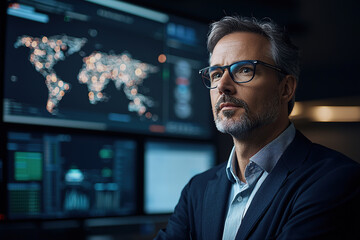 man in smart city control center monitors dynamic AI driven data on multiple screens, reflecting global network. atmosphere is focused and high tech
